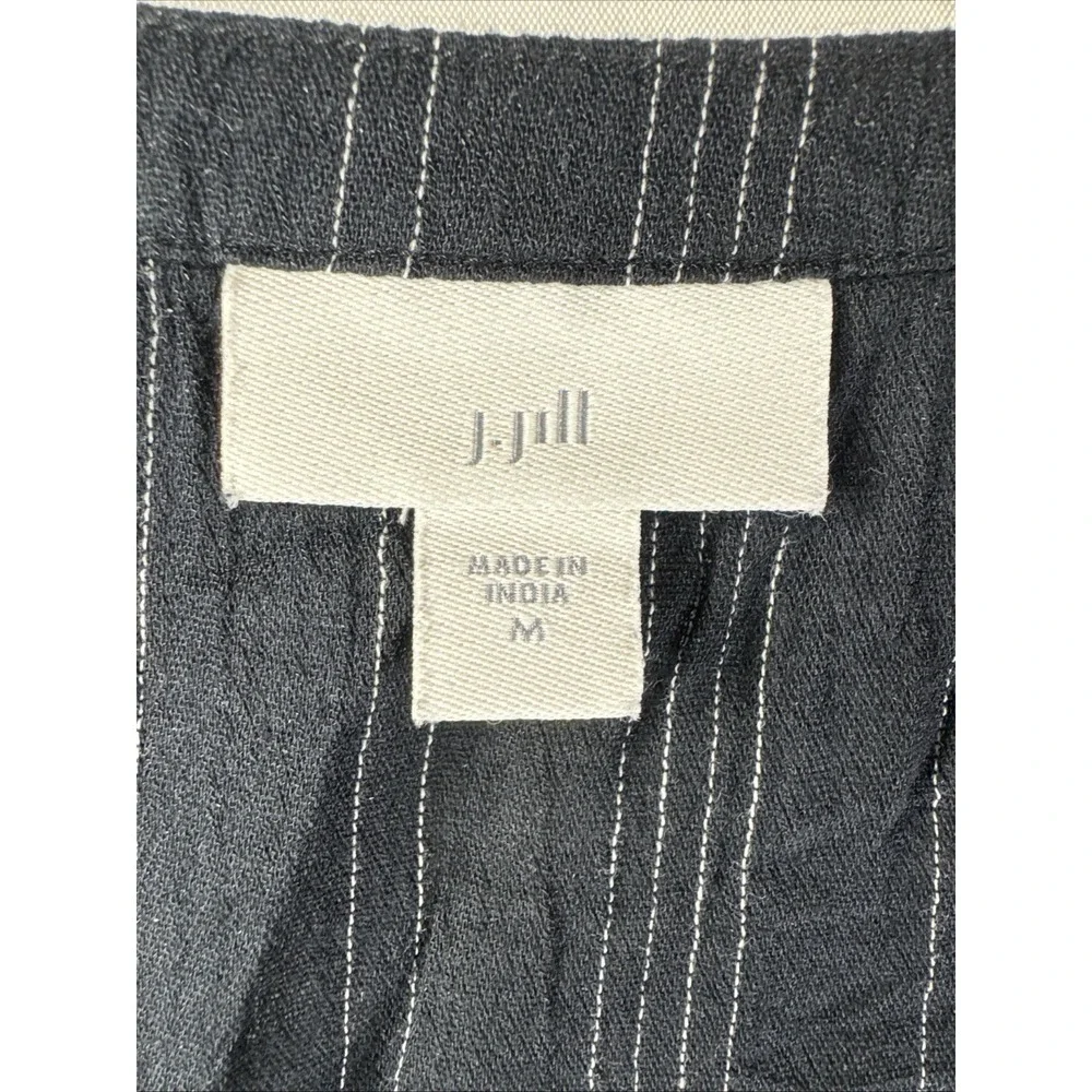 J Jill Tunic Blouse M Black Pinstripe‎  Embroidery Notch Neck Boho Top